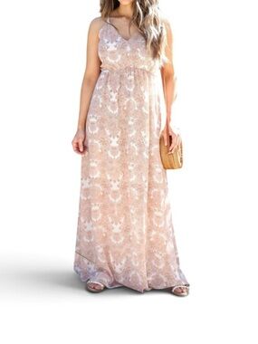 Floral Lace-Effect Pink Maxi Dress with V-Neck